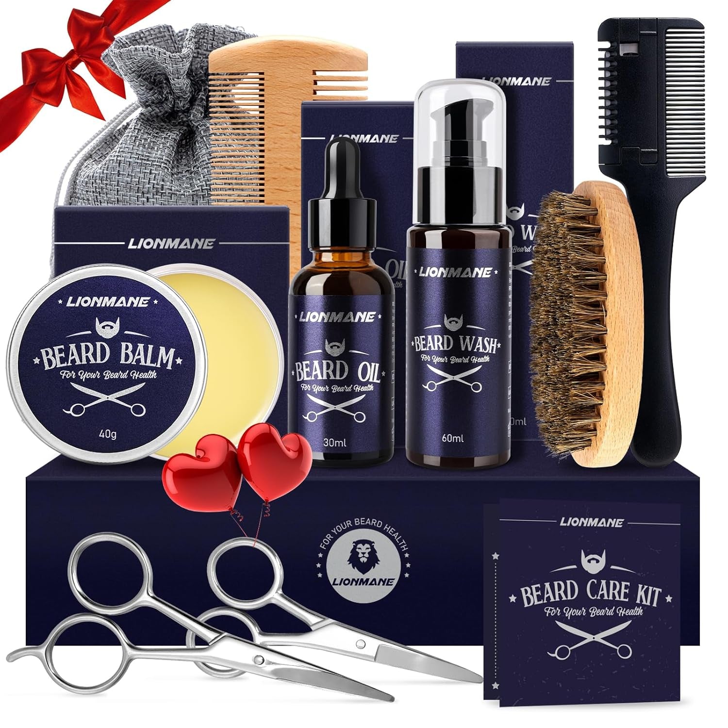 Beard Care Christmas Gifts Kit for Men, Beard Mustache Grooming Kit-Beard Balm, Beard Wash, Beard Oil, Brush, Scissors, Birthday Anniversary Thanksgiving Gifts for Husband/Boyfriend/Dad/Him