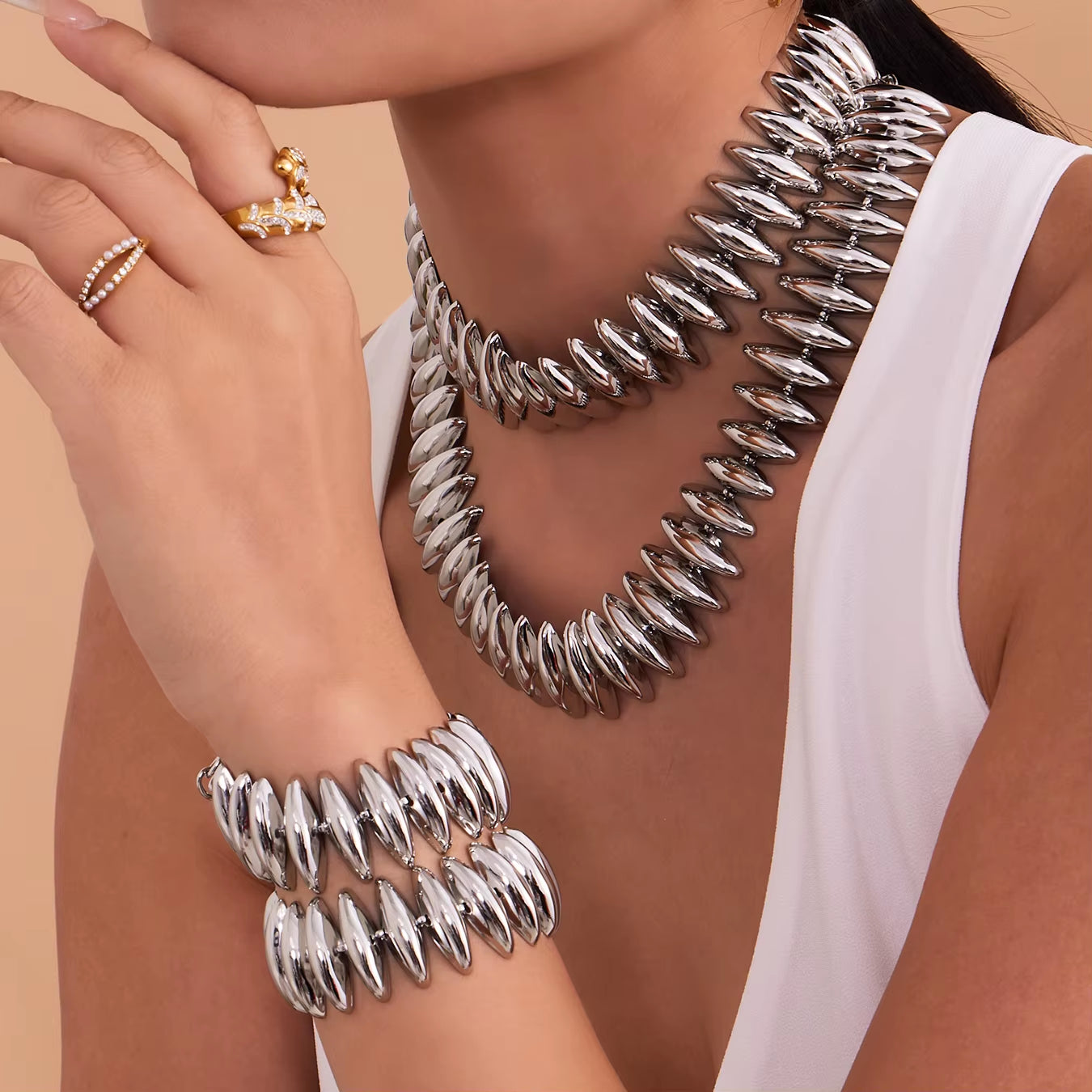 Gold Color Silver Thick Bar Chain Necklace Choker for Women Stainless Steel 18K Gold